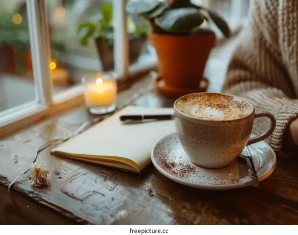 Cozy Home Still Life with Coffee, Candle, and Notebook