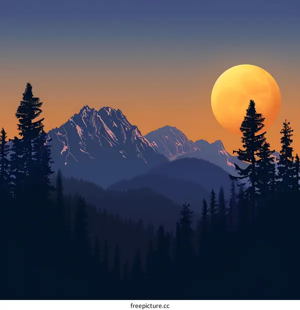 Mountain Silhouette With Full Moon And Pine Trees