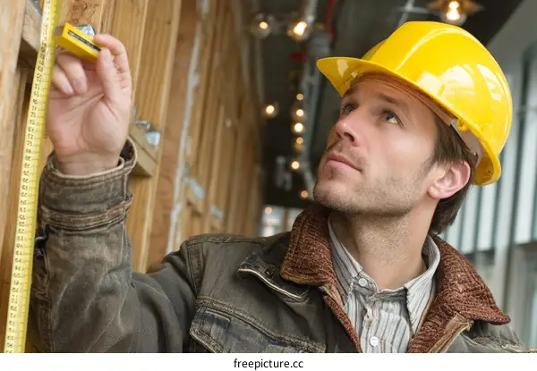 Construction Worker Measuring with Tape Measure