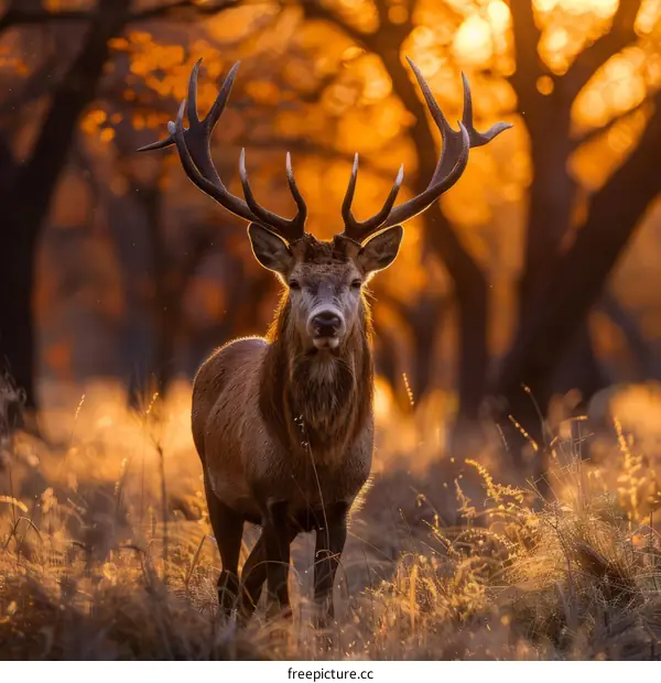 A majestic red deer stag stands in a field of tall grass at sunset.