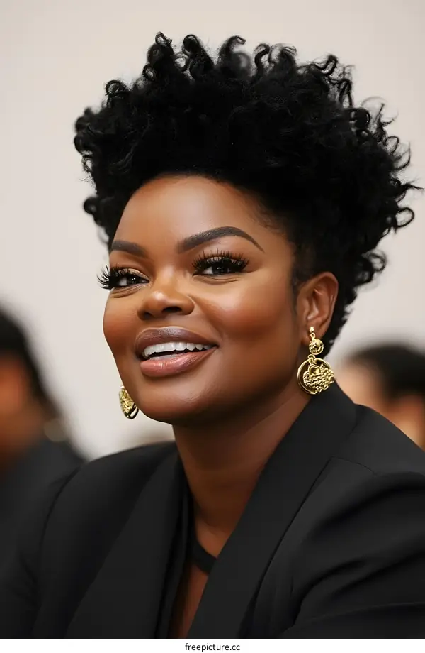 Portrait of a Smiling Black Woman with Curly Hair Wearing Gold Earrings