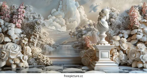 Elegant Sculpture Garden Scene with Bust Statue