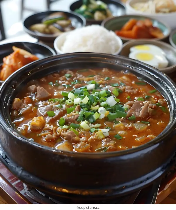 A bowl of Korean spicy pork soup with rice and side dishes
