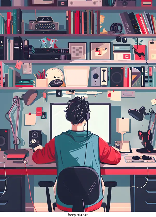 Man Working at His Computer in a Room Filled With Books and Gadgets