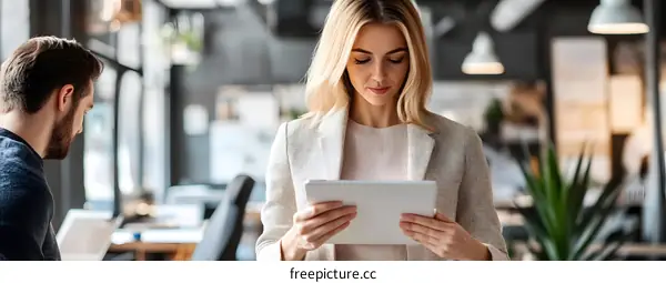 Businesswoman Using Digital Tablet in Modern Office