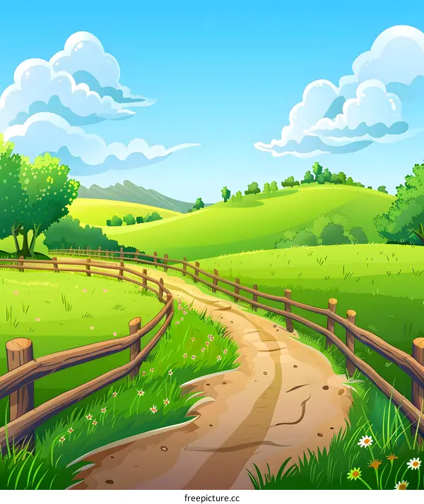 Countryside Landscape with Winding Path and Wooden Fence