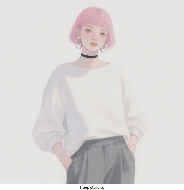 A Young Woman with Pink Hair Wearing White Top and Gray Trousers