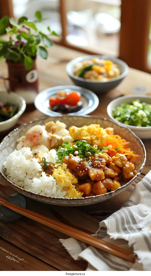 Japanese food bowl with rice, vegetables and tofu