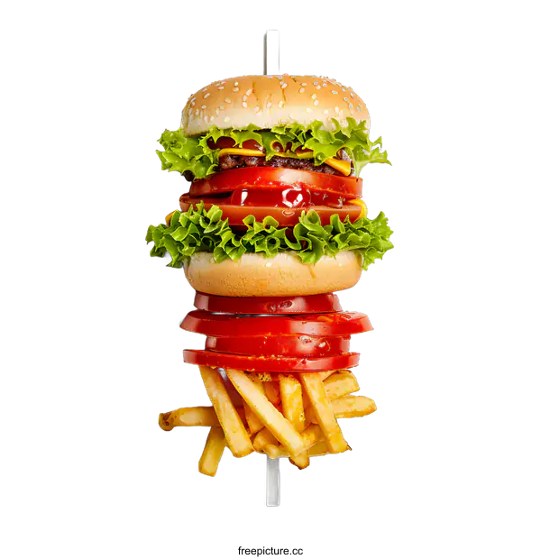 [Transparent Background PNG]Close Up View of Cheeseburger with Lettuce, Tomato, and French Fries