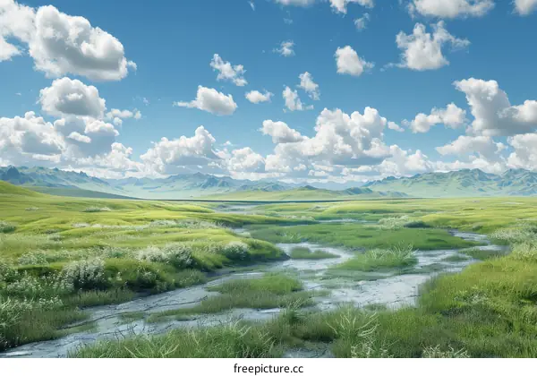 River Flows Through Grassy Plain
