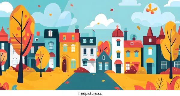 Autumn Street With Colorful Houses Illustration