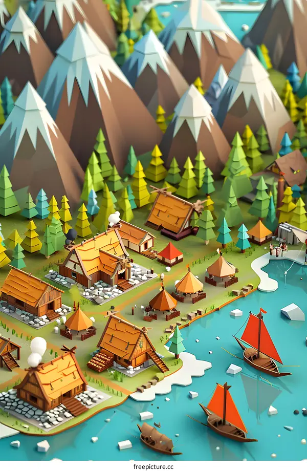 Low Poly Illustration of a Village by a Lake