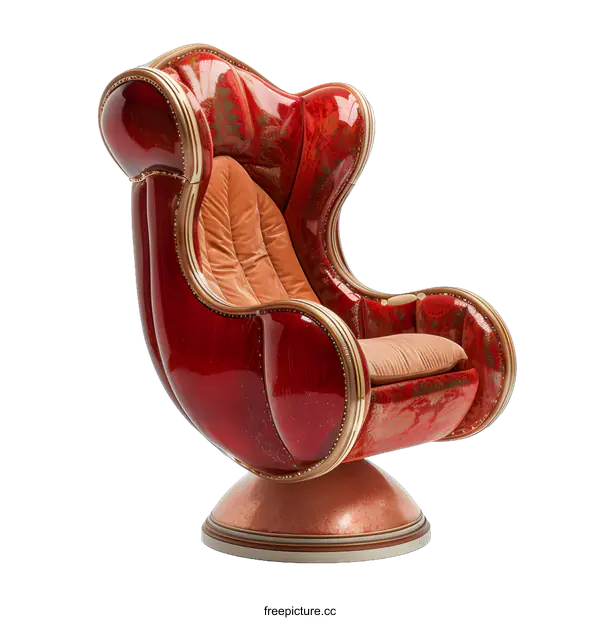 [Transparent Background PNG]Red Swivel Egg Shaped Chair With Gold Accents