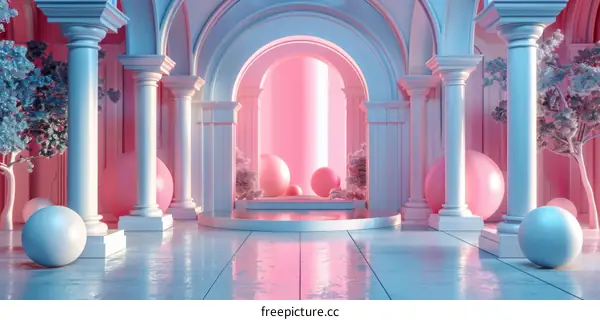 Pink Marble Colonnade Archway with Geometric Spheres
