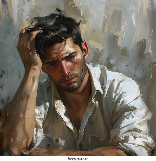 Portrait of a handsome man with dark hair and beard wearing a white shirt