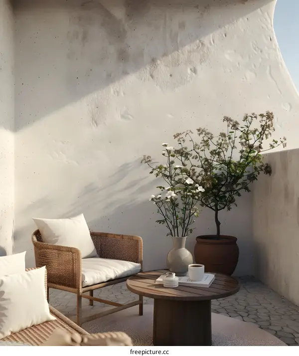 Minimalist Patio Design with Rattan Furniture and Greenery