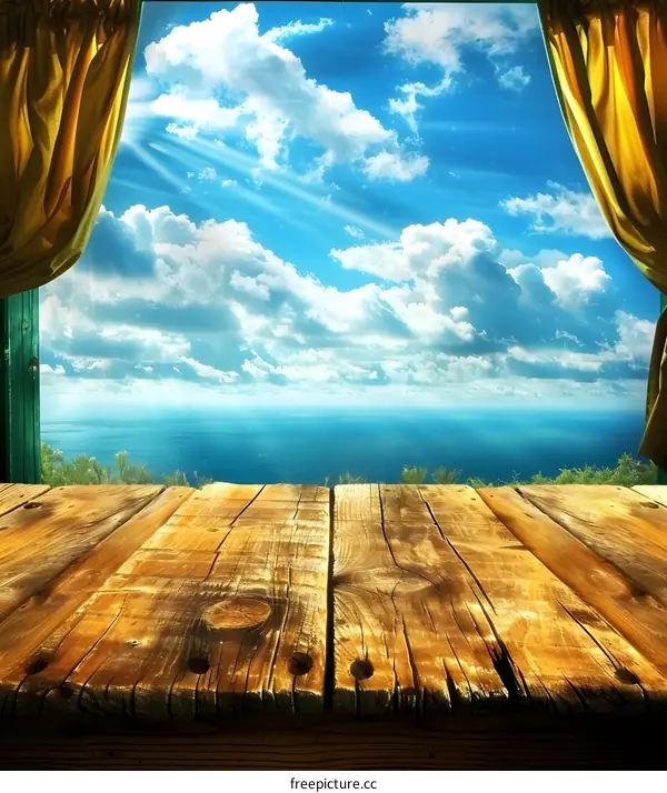 Wooden Table Top With Ocean View And Sunny Sky