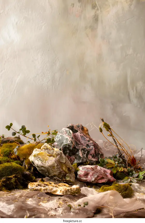 Stones and Moss on a Fabric Background