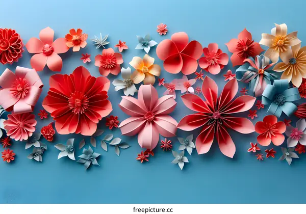 Pink paper flowers on blue background