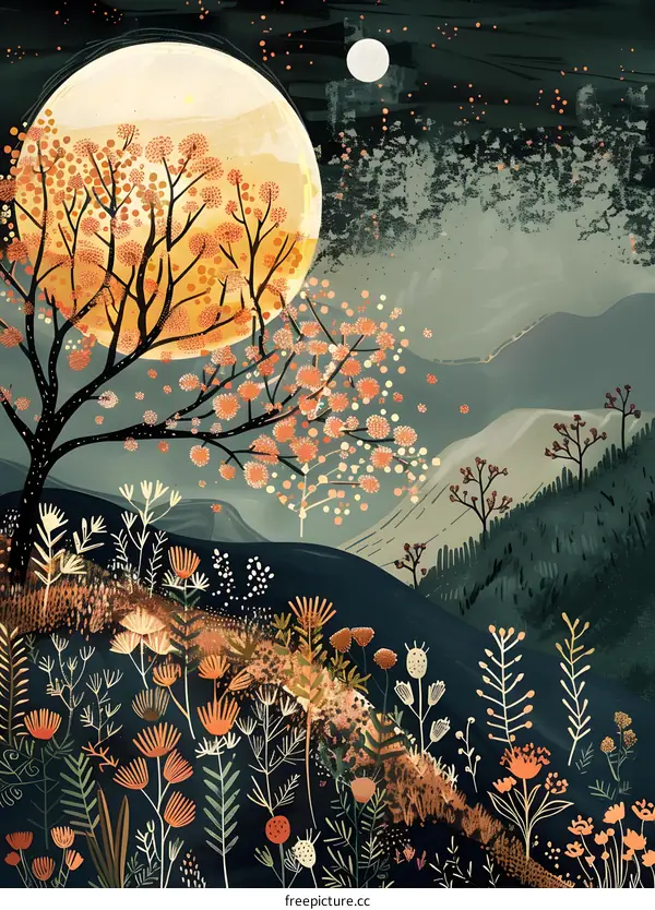 Night Sky with Full Moon and Flowers