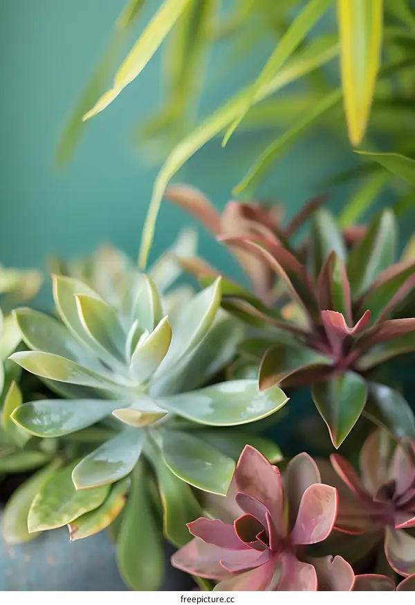 Green and Red Succulents in a Pot Close Up