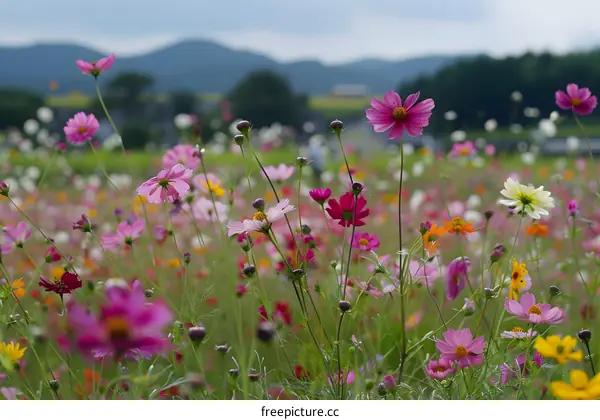 Colorful Cosmos Flower Field in Japan