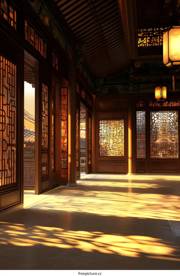 Ancient Chinese Architecture Interior Design with Wooden Doors and Windows