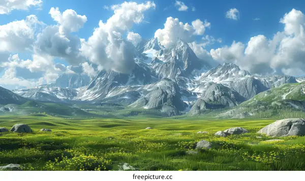 Scenic Mountain Landscape With Green Meadow And Flowers