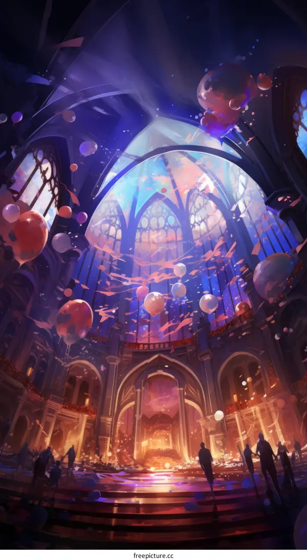 fantasy castle interior with people