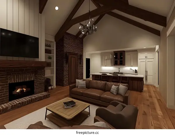 Modern Farmhouse Living Room Design with Exposed Beams and Brick Fireplace