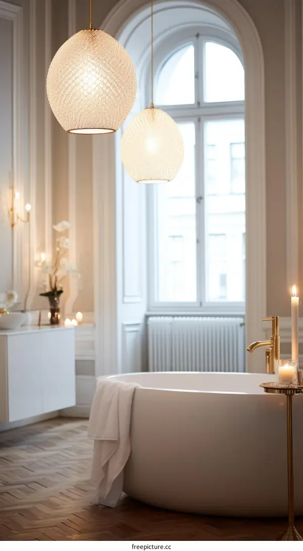 Bathroom interior with freestanding bathtub, candles and flowers