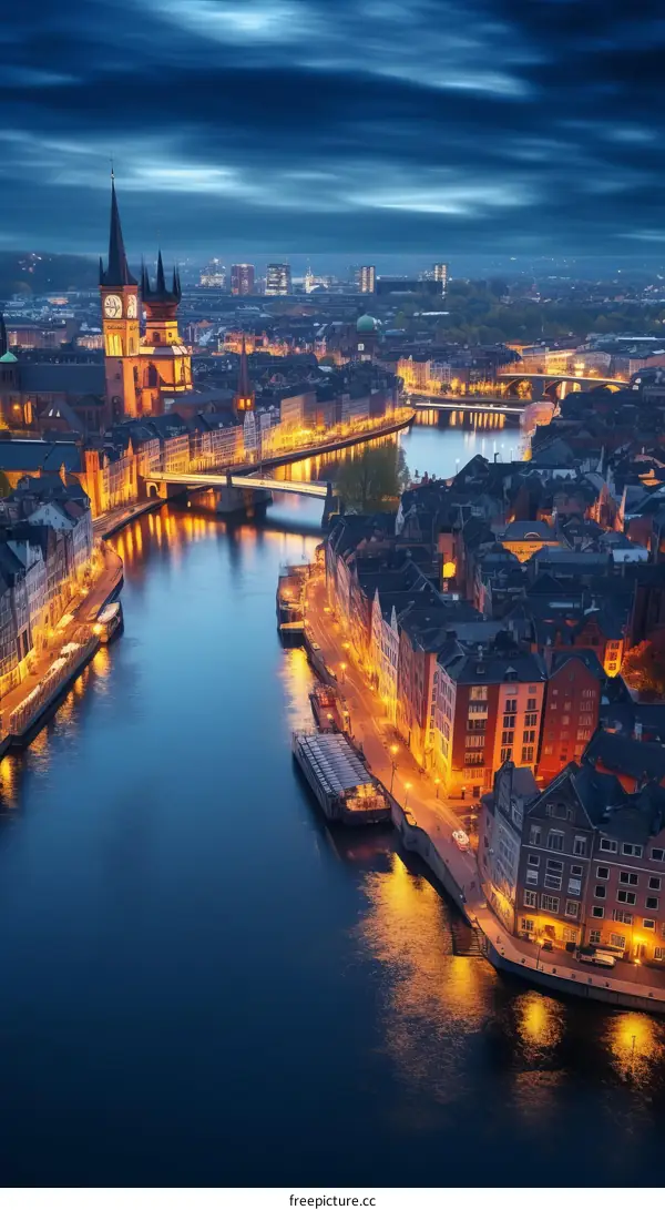 Night view of a city with a river running through it