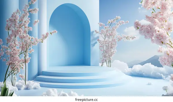 Pastel Blue Spring Cherry Blossom Scene