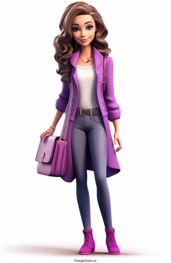 3D Young Woman in White Shirt, Blue Jeans, Purple Coat with Handbag