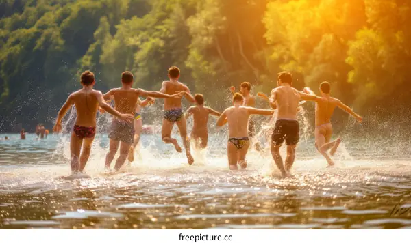 shirtless young men run through the water