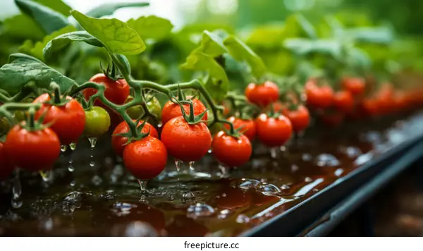 Growing ripe and unripe tomatoes with drip irrigation in a greenhouse
