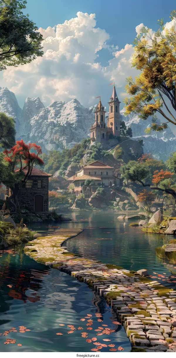 Fantasy landscape with a castle on a hill