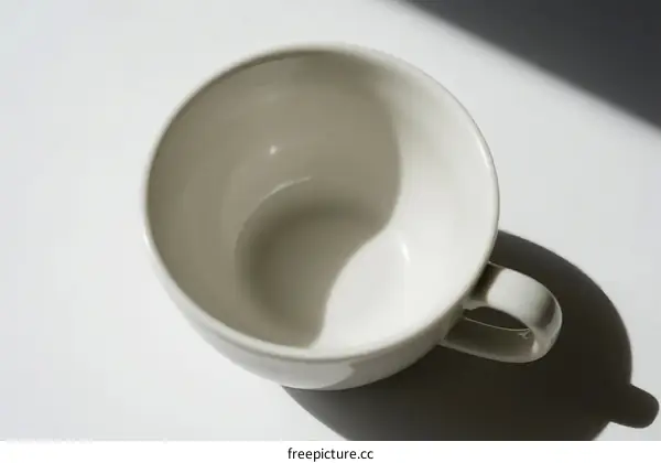 An empty white ceramic cup placed on a light surface
