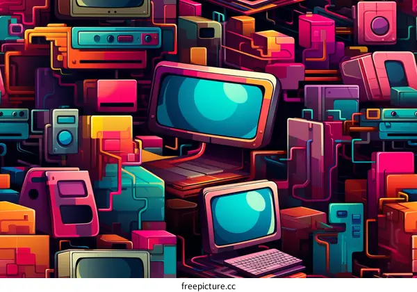 A colorful illustration of a circuit board with many different electronic components.