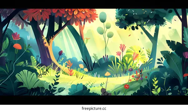 Colorful Illustration of Sun Shining Through Forest