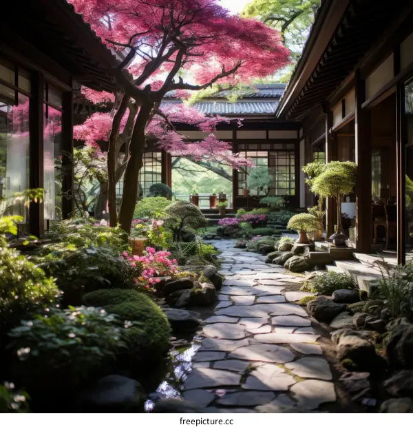 Japanese garden with pink flowers and stone path
