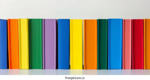 Colorful Books Arranged by Color on a Shelf