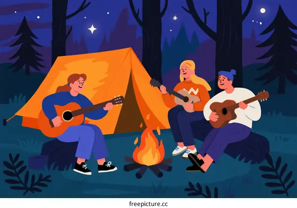Three Friends Camping in Forest Playing Guitars by Campfire