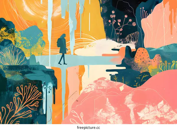 Abstract Landscape Illustration with Person Walking on a Bridge