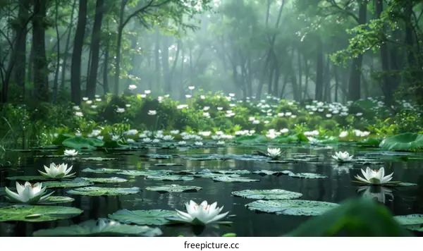 Misty Forest Lake with White Water Lilies