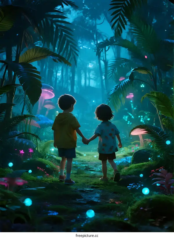 Two Children Holding Hands Exploring Enchanted Forest at Night