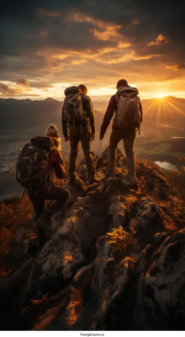 Three hikers on a mountaintop at sunset