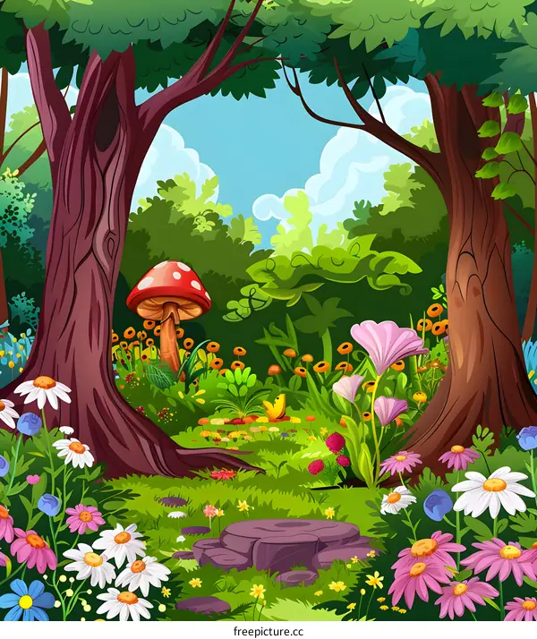 Beautiful Forest Illustration With Flowers And Mushrooms