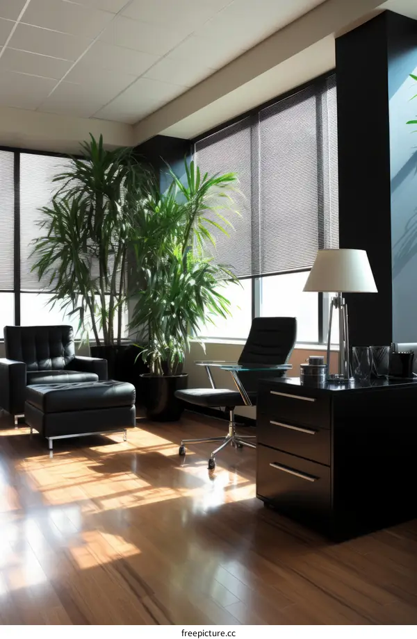 Modern Office with Large Windows and Plants
