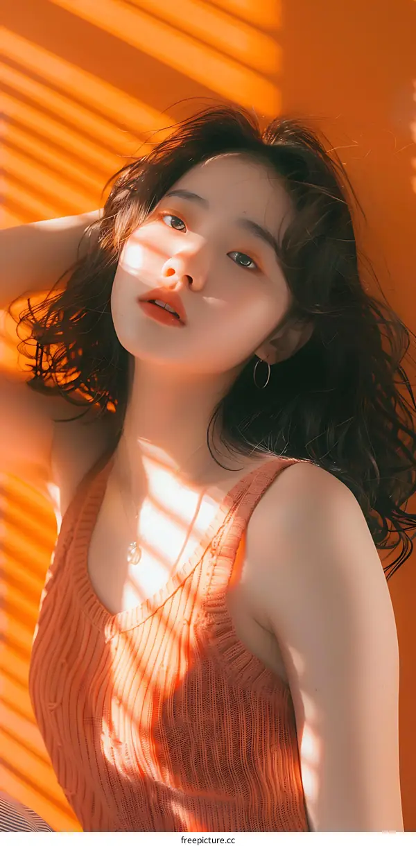 Portrait of a Beautiful Young Woman with Curly Hair in Orange Light
